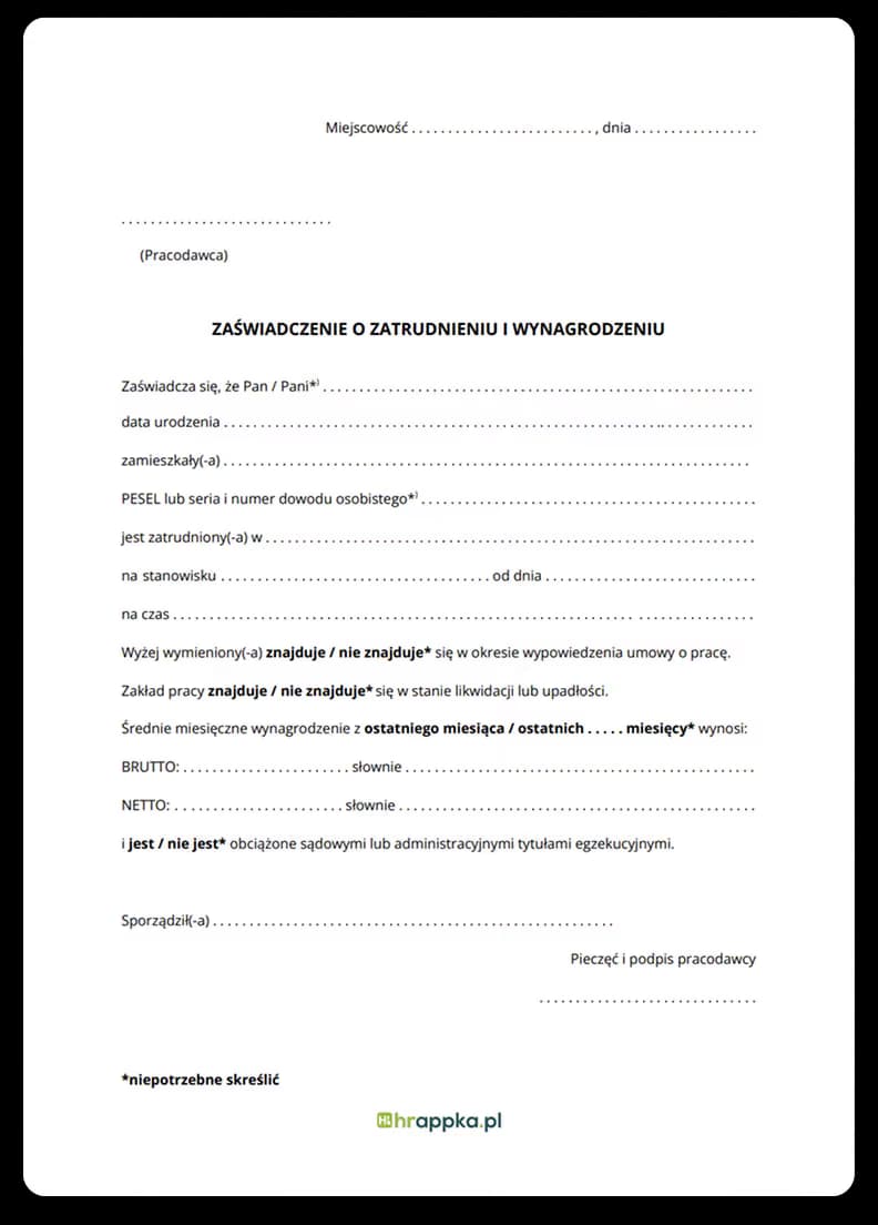 Zaświadczenie o zarobkach i zatrudnieniu