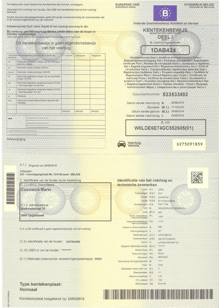 Dowód rejestracyjny — Belgia