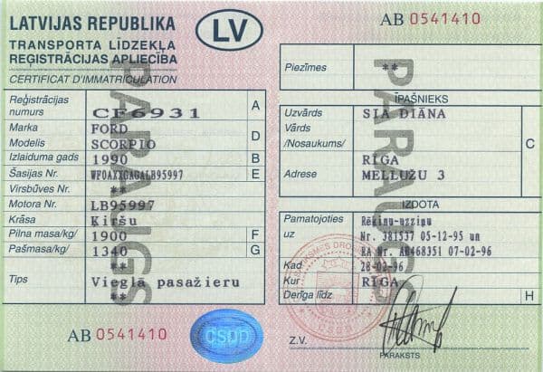 Dowód rejestracyjny — Łotwa