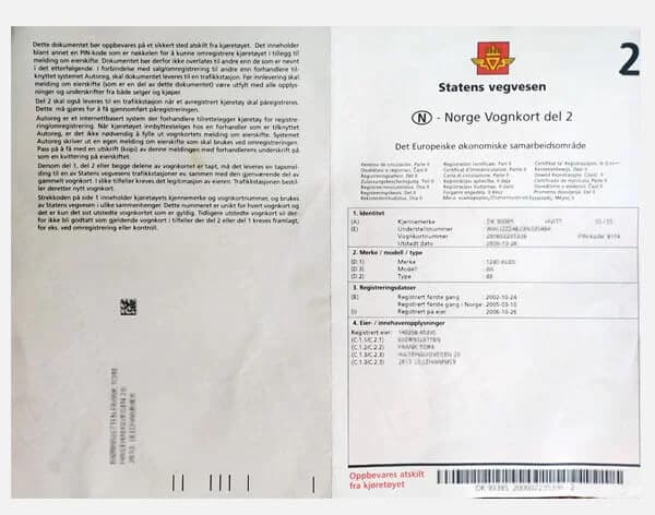 Dowód rejestracyjny — Norwegia